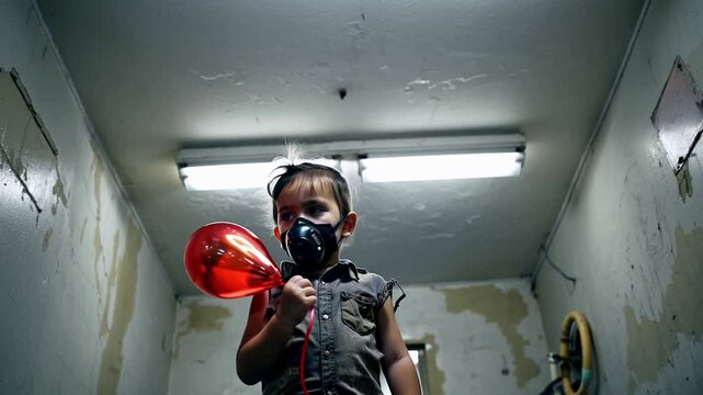 Enfant en masque &agrave; gaz tenant un ballon rouge dans une pi&egrave;ce d&eacute;labr&eacute;e
