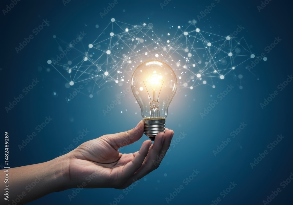 Aufkleber a hand holding a glowing lightbulb with a network of connected dots in the background