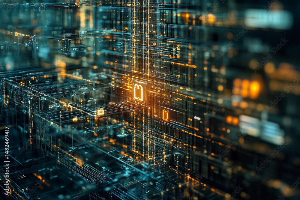 Poster abstract digital network glowing orange and teal data security system