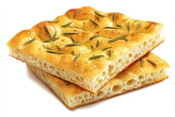 Rosemary Focaccia Italian Bread Stack on White Golden baked good.