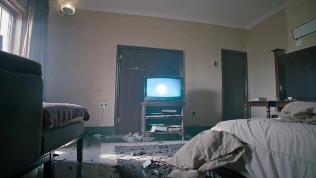Chambre abandonn&eacute;e avec t&eacute;l&eacute;vision allum&eacute;e et d&eacute;sordre au sol

