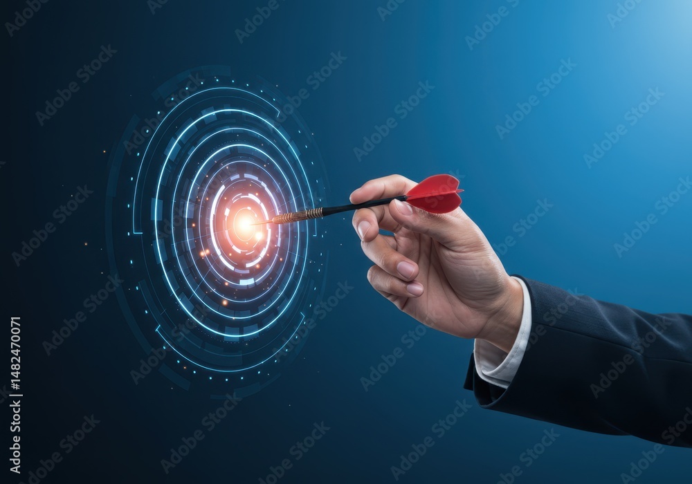 Aufkleber a hand holds a dart aiming for the center of a digital target representing business success and accu