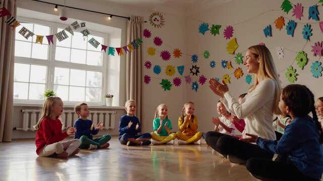 Joyful children and teacher clapping in a kindergarten class