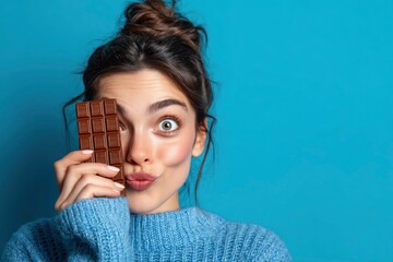 Playful Woman with Chocolate Bar: A Cheerful and Sweet Portrait
