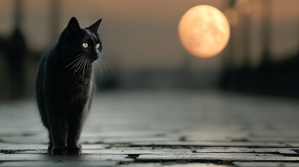 Mysterious Black Cat Crossing Street Under Full Moon. Friday The 13th Concept Background