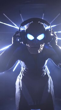 Cr&eacute;ature extraterrestre DJ avec casque audio et yeux lumineux