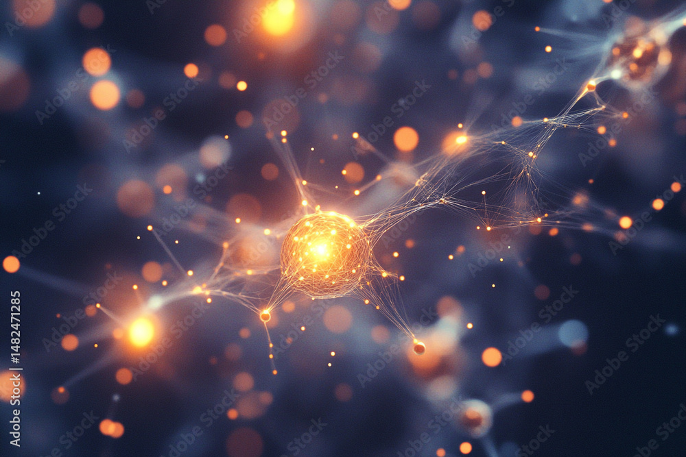 Poster glowing network nodes connect in a dark space abstract art