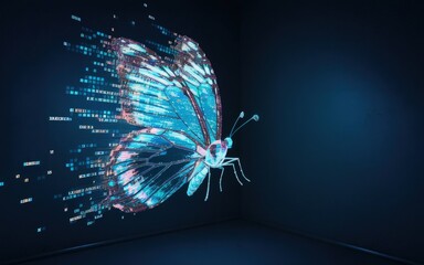 Digital Butterfly Transformation: A stunning, luminescent digital butterfly transforms, its wings intricately crafted from glowing code and data streams against a dark, technological background.