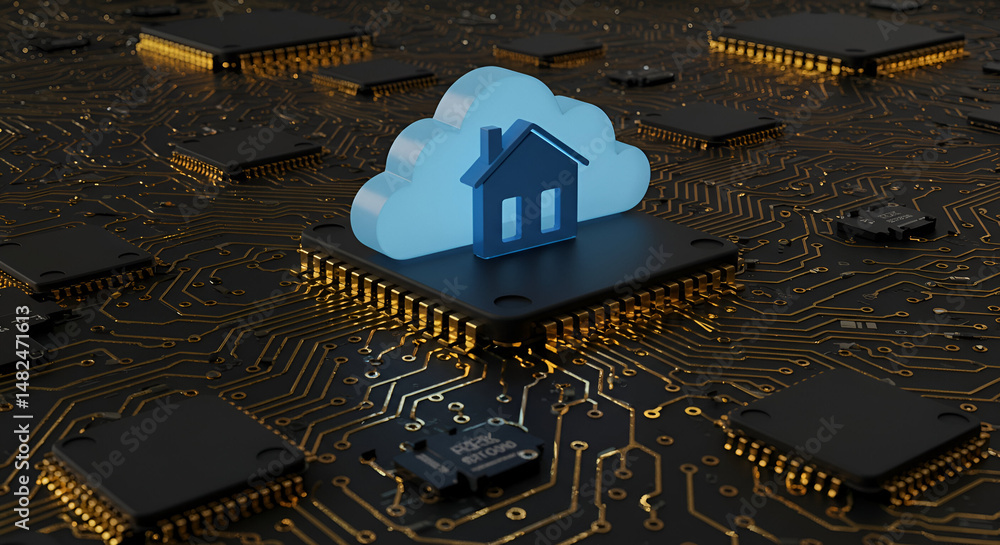 Poster cloud-based home automation system displayed on a circuit board.