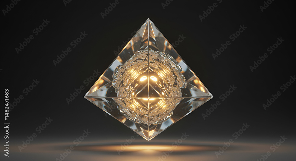 Poster clear diamond-shaped crystal object with internal light source in a dark setting. floating crystal p