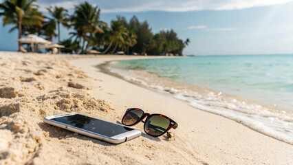 On a sunny tropical beach, a smartphone with a silver frame and sunglasses with dark lenses sit on the light tan sand near the clear turquoise water.