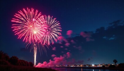 Vibrant fireworks explode in the night sky, illuminating the darkness with colorful bursts , stars, glow, powerful