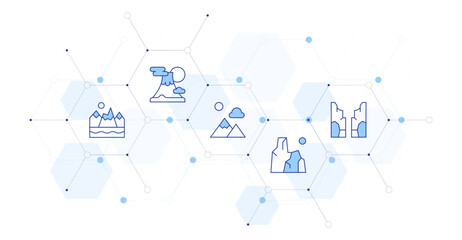 Mountain Banner Vector Illustration with Icon Style in Between. Line Duotone icon. Containing. mountain, landscape, rock, canyon