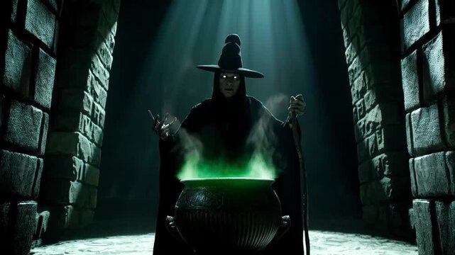 The witch carefully brewed the potion, mixing mysterious ingredients in her glowing cauldron.
