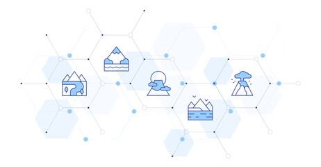 Mountain Banner Vector Illustration with Icon Style in Between. Line Duotone icon. Containing. river, mountain, fuji mountain, mountains, volcano