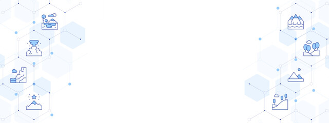 Mountain Banner Vector Illustration with Two-sided Icon Style. Line Duotone icon. Containing. lake, volcano, mountain, goal, hill, mountains, mountainous