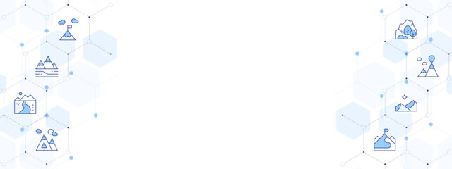 Mountain Banner Vector Illustration with Two-sided Icon Style. Line Duotone icon. Containing. mountain, river, mountain range, trekking, north star