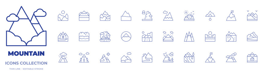 Mountain icons collection. Thin Line icons, editable stroke. volcano, river, mountain, mountains, valley, landscape, beach, goal