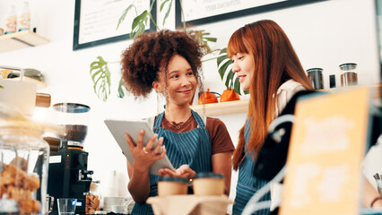 Team, tablet and help with people in cafe for research, digital inventory or restaurant training. Waitress, catering plan and small business owner with women in coffee shop for menu price together