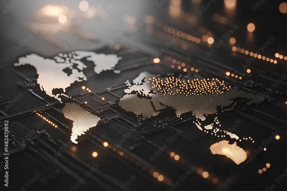 Poster global network illuminated world map digital technology circuit board