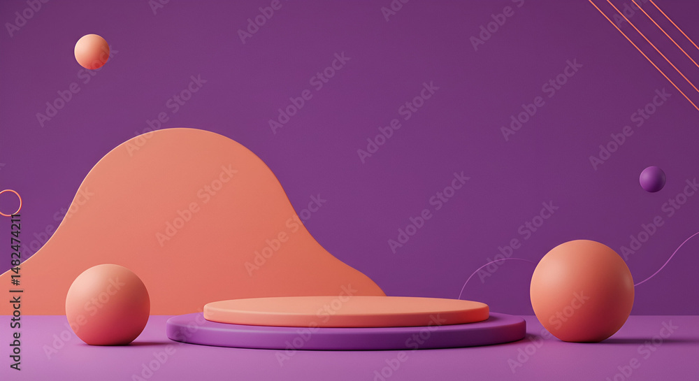 Poster abstract geometric display with pastel orange and purple color scheme. floating and grounded spheres