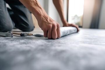 Installing underlayment for new flooring.  Hands carefully roll out protective underlayment material for a new floor