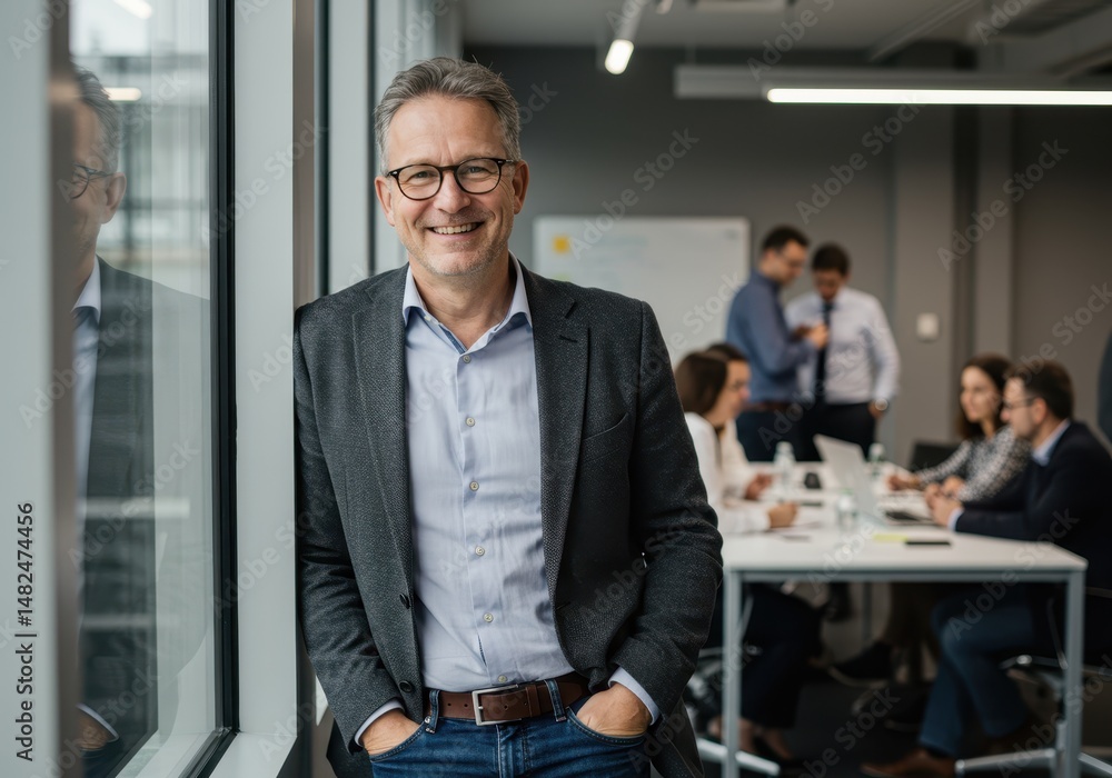 Poster smiling businessman in jacket stands by window with team meeting in background