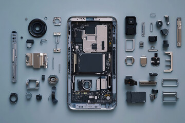 Smartphone disassembled parts view components motherboard camera lens circuit board display screen internal hardware technology repair