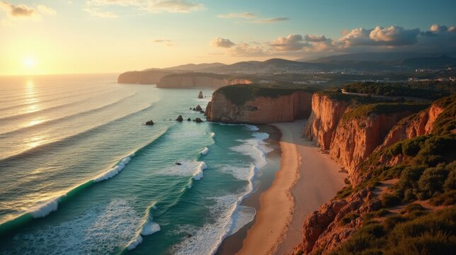 Golden Langre Beach at dawn under clear skies, seen from above with waves gently touching the shore.