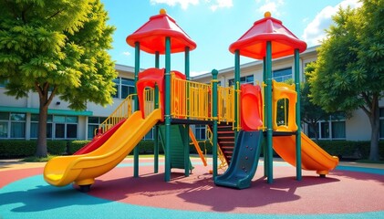 Brightly colored playground equipment at a school, sunny day , kindergarten, swings