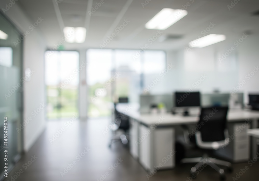 Poster blurred view of a modern office space with desks chairs and computers