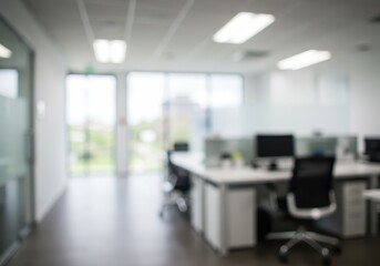 Blurred view of a modern office space with desks chairs and computers
