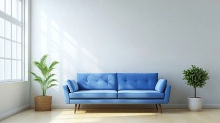 Living room with blue sofa on light floor