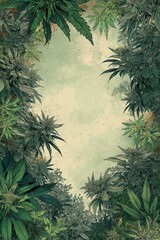 Description: Creative menu design with biggest blank center space framed by cannabis buds border in soft pastel green-orange tones for eye-catching appeal.