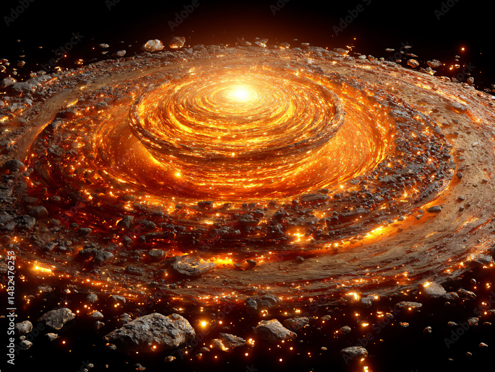 Poster dramatic and scientific 3d rendering illustration depicting a later stage of planetary formation wit