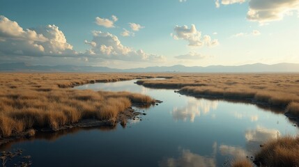 Sunlit La Nava Wetland at midday, captured in a wide panoramic view showing water and surrounding nature.
