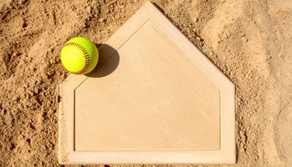 Yellow softball resting on home plate in sandy field symbolizing sports competition training or game preparation in amateur or youth leagues