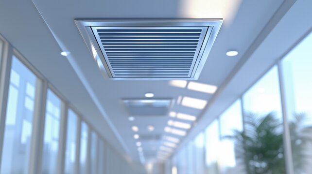 Closeup of an air duct system with ceiling vent in corridor of a modern building