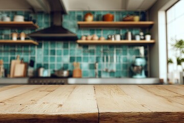 Wooden kitchen countertop, teal tiled wall, blurred interior