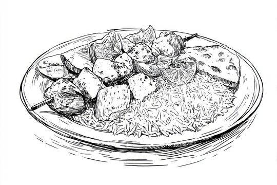 Skewered Delight HandDrawn Chicken Kabobs with Rice and Citrus Plate.