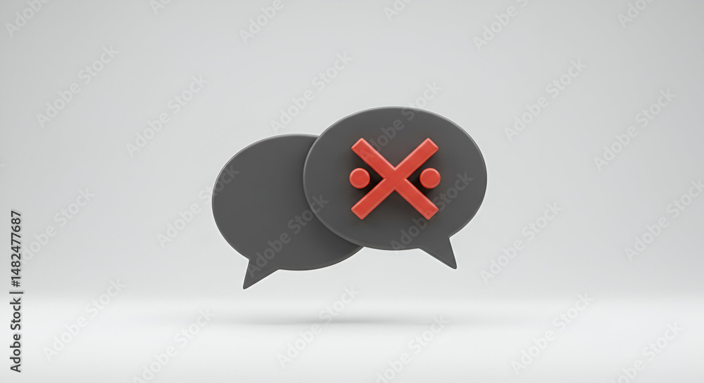 Poster gray speech bubbles with a red rejection/cancel symbol. 3d rendered abstract graphic design elements