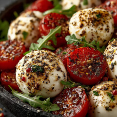 bright and clear close-up food photograph of a caprese salad with fresh arugula leaves, sliced tomatoes, and small mozzarella balls, dressed with olive oil,