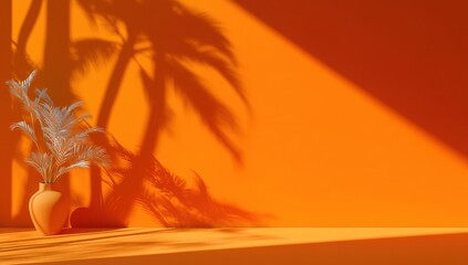 A potted plant casts dramatic shadows on an orange wall, creating a warm, minimalist, and vibrant scene with natural light.