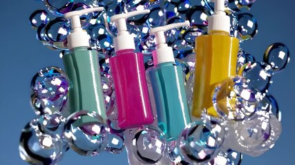 Colorful shampoo and soap bottles floating among iridescent bubbles in clean blue background, bright product advertisement concept in hygienic animation loop