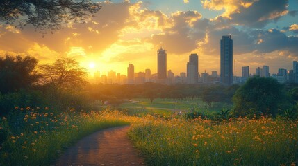 Golden sunset over city park path