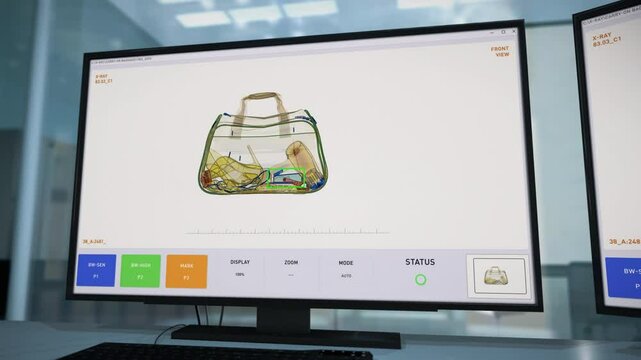 Airport Security Inspection Of Passengers Luggage By X-ray Screening System. Security X-ray Check Of Tourists Luggage Discovers Illegal Weapon. Customs Security Searching Luggage For Illegal Items