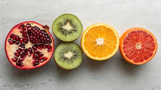 Fresh and vibrant sliced fruits including pomegranate kiwi orange and grapefruit on a table
