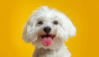 White Fluffy Dog with Pink Tongue on Yellow Background