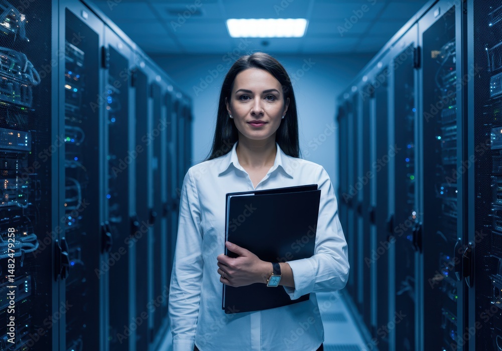 Poster woman stands in a server room holding a folder with rows of server racks in the background