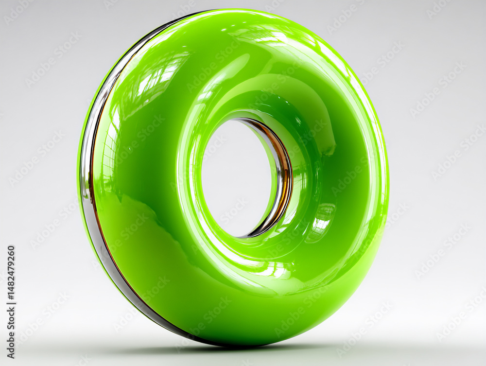 Poster modern and abstract 3d rendering illustration featuring a single, bright green torus floating in a v